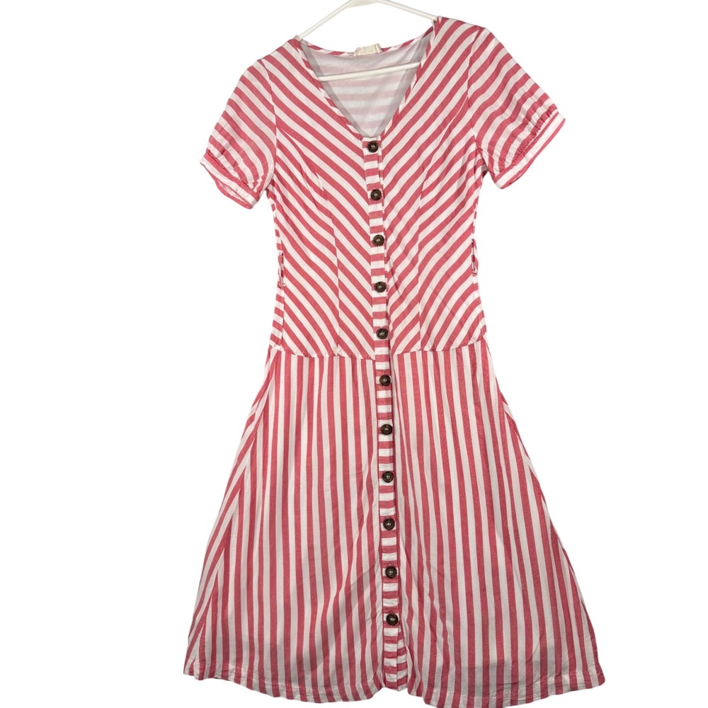 Altar'd State Midi Dress Womens Medium Red White Stripe Button *Two Small Stains